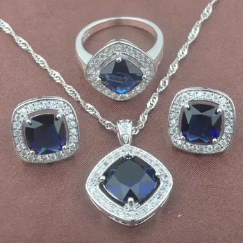 

2020 New Blue Cubic Zirconia Women's Silver Color Jewelry Sets Necklace Pendant Earrings Rings Free Shipping TZ0126