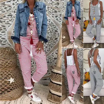 

Casual Women Dungarees Harem Strap Trousers Cotton Blend Loose Jumpsuit Baggy Striped Romper Trousers Overalls