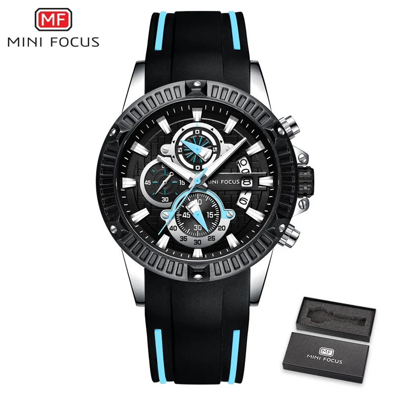 MINIFOCUS хронограф мужские s часы брендовые Роскошные Повседневные Спортивные кварцевые Силиконовые наручные часы водонепроницаемые мужские наручные часы - Цвет: Black Blue