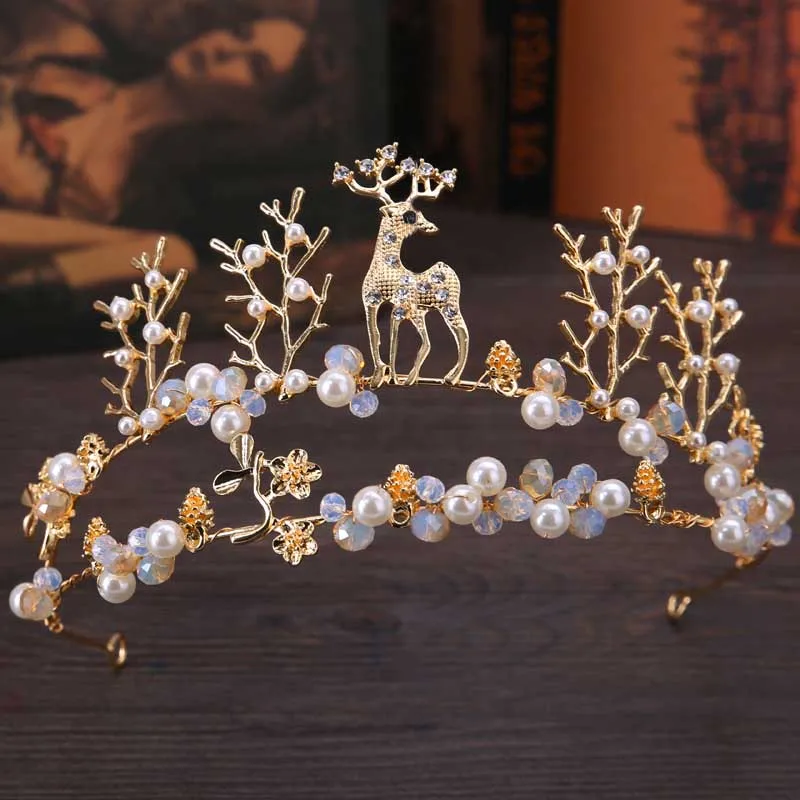 

Golden Animals Pearl Crystal Tiara de Noiva Deer Bride Crowns Headband Headpiece Women Wedding Hair Jewelry Accessories VL