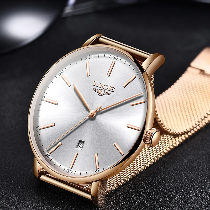 LIGE Ladies Watch Top Brand Luxury Ladies Simple Ultra-Thin clock Stainless Steel Mesh Belt With Waterproof Watch Orologio Donna