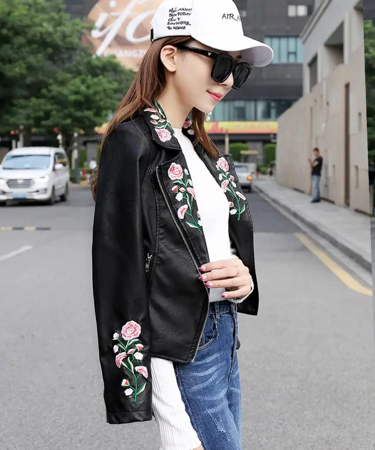 Pu Des Faux Cuir Courte 2018 Broderie Noir Moto Mince Veste Automne Femmes En Lavé Baseball IWqc4w1U