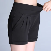 Женские летние шорты с высокой талией, большие размеры, тянущиеся короткие женские плиссированные шорты с карманами, Свободные повседневные шорты