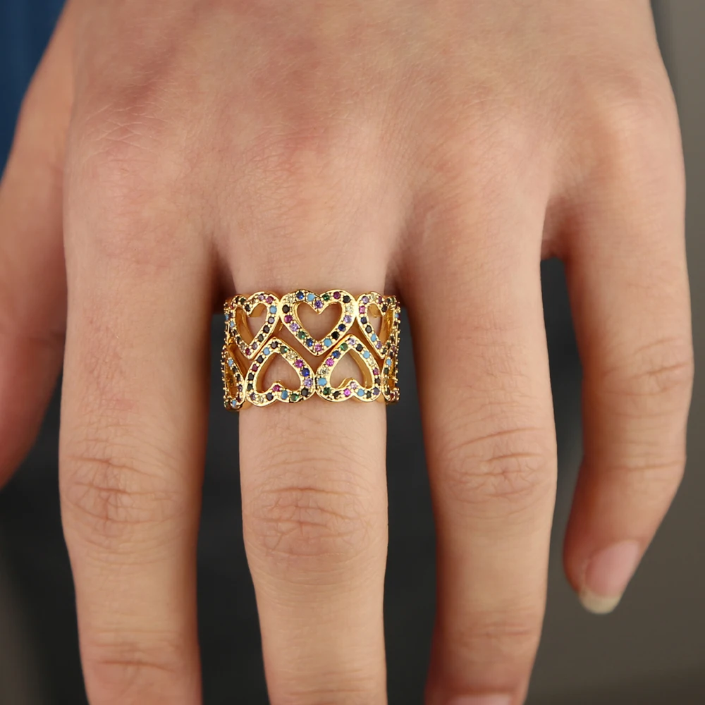 

Heart shape gold filled finger rings rainbow colorful cz paved heart shape lovely cz band wedding ring for women lady jewelry