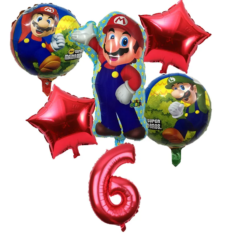 6pcs Super Mario Balloons 32 inch Number Balloons Boy Girl Birthday Party Mario Luigi Bros Mylar Blue Red Balloon Set Decor