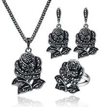 Модный Роскошный креативный дизайн, винтажный женский ювелирный набор, античный черный кристалл, цветок розы, ожерелье, серьги, ювелирный набор 20