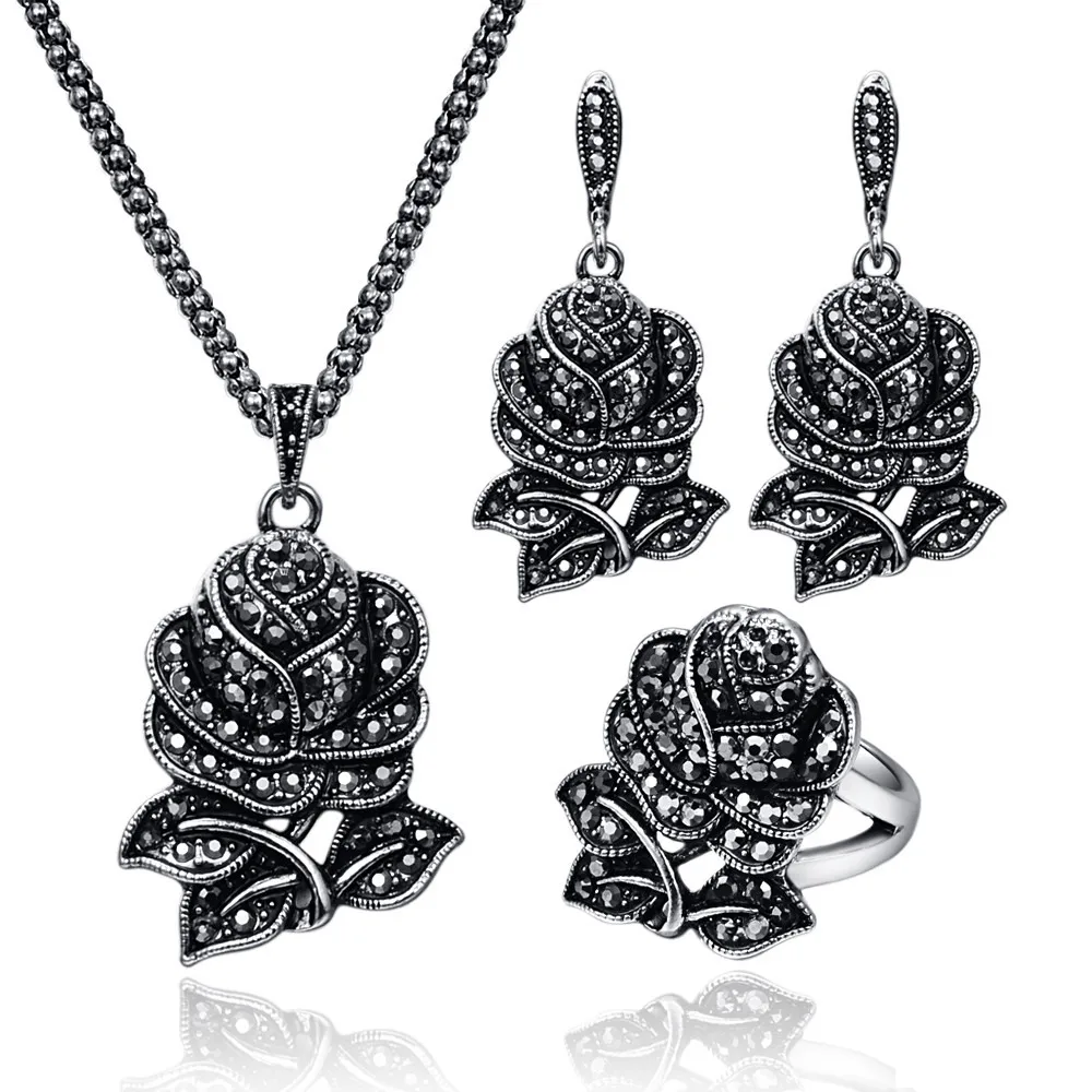 

Fashion Luxury Creative Design Vintage Women Jewelry Sets Antique Black Crystal Rose Flower Necklace Earrings Jewelry Set 20%