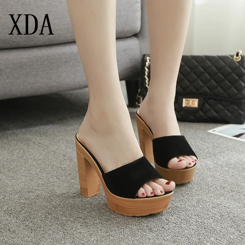 

XDA New Fashion Peep Toe Slippers Thick high Heel Mules Slippers Women's Summer Casual Comfortable Sexy beach Sandals Shoes D122