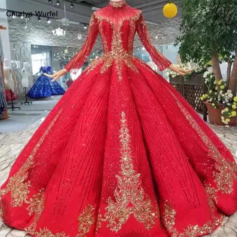 

LS11238 ball gown red bridal wedding party dresses floor length high neck long sleeves prom dresses pleat evening dresses women