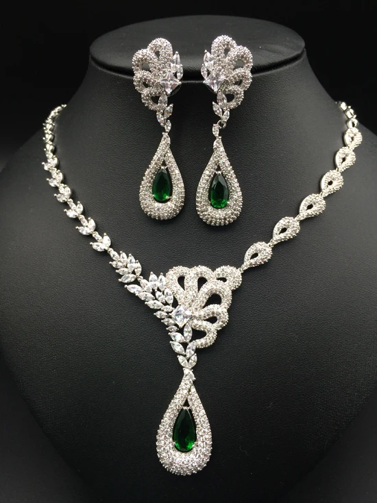 

2019 NEW fashion luxury noble retro green water drop zircon necklace earring set,wedding bride dress dinner jewelry set