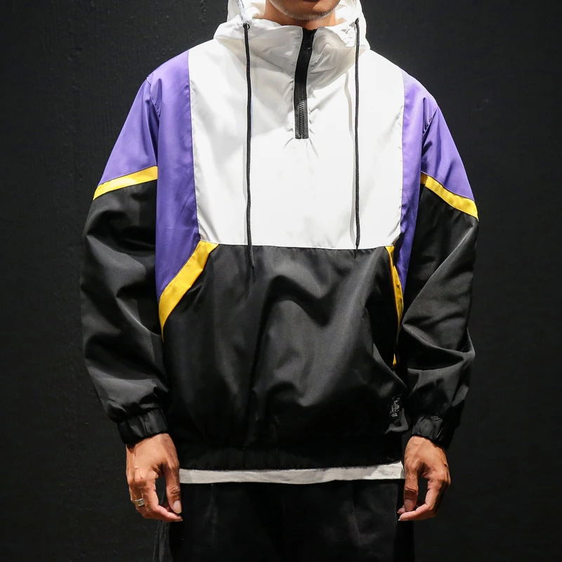 FUODRAO 2019 New Hip Hop Men Streetwear Color Block Patchwork Printed Track Jackets Loose Windbreaker Coats Plus Size 5XL J108