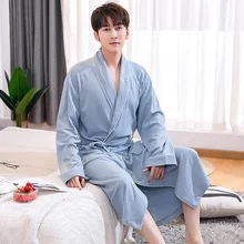 Халат мужской, хлопок, весна-лето, вафельный Халат, одежда для сна, длинный рукав, кимоно, мужская повседневная домашняя одежда, пижамы