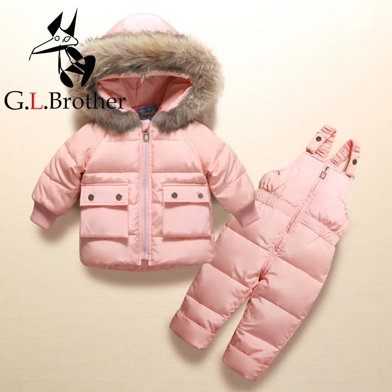 

Kids Winter Clothes Suits Real Raccoon Fur Infant Baby Snowsuit For Little Boys Girls 2Pcs Down Coat+Overalls Pants Thick Parkas