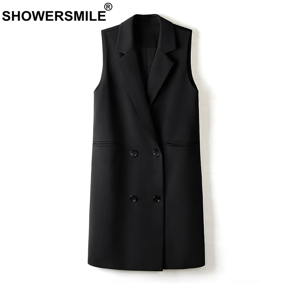 SHOWERSMILE Long Womens Vest Black Double Breasted Waistcoat Female Solid OL Spring Autumn Designer Fashion Sleeveless Jackets