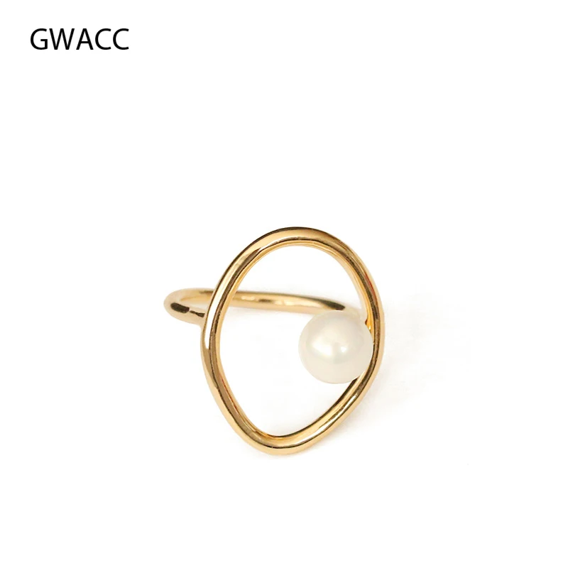 

GWACC 2019 New Design Metal Brass Rings Gold Color Natural Pearls Irregular Rings For Women Girls Adjustable INS Trendy Simple
