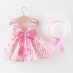 Платье принцессы с цветочным принтом и рюшами, бантом и арбузом для маленьких девочек; Одежда для новорожденных девочек; ropa para bebe; Прямая