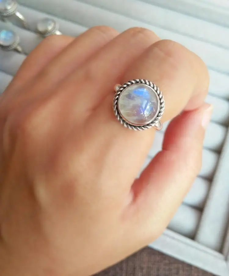 Кольцо ручной работы из чистого серебра 925 пробы с натуральным лунным камнем, синее круглое винтажное женское кольцо с пеньковым узором