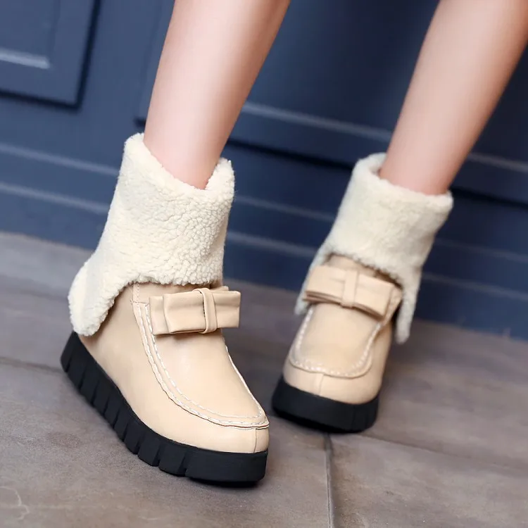 

SALCXOI ankle boots for women flock round toe butterfly-knot ladies platform boots shoes winter snow boots woman hot sale &9989