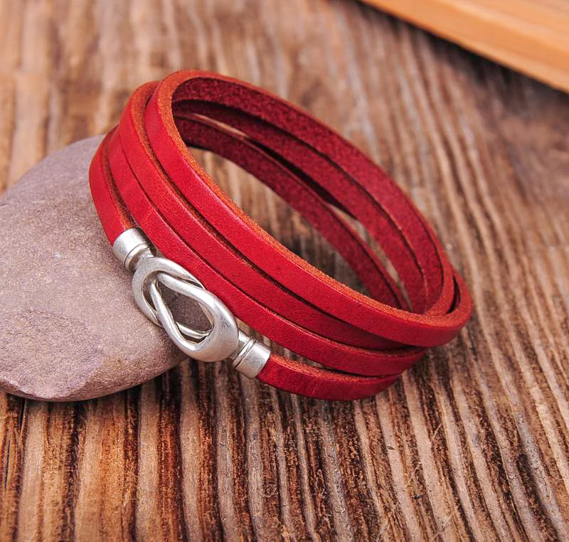 

G324 Red Cool Alloy Infinity Clasp Leather Multi Wrap Bracelet Cuff Men's New