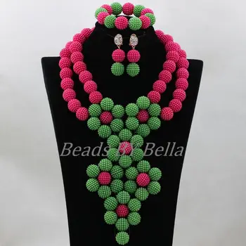 

Latest Women Costume African Wedding Beads Bridal Jewelry Sets Fuchsia Green Flowers Balls Choker Necklace Free Shipping ABK664