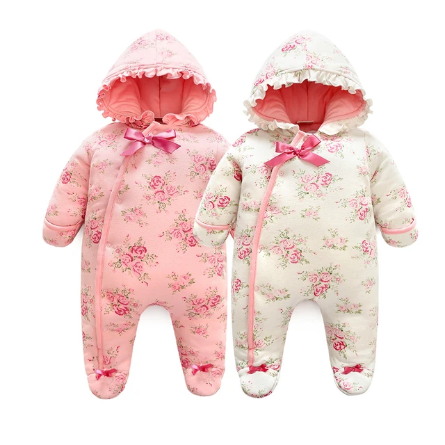 Pelele de invierno para niña recién nacida, mono floral grueso, ropa bebé con capucha, estilo princesa, ropa de invierno -