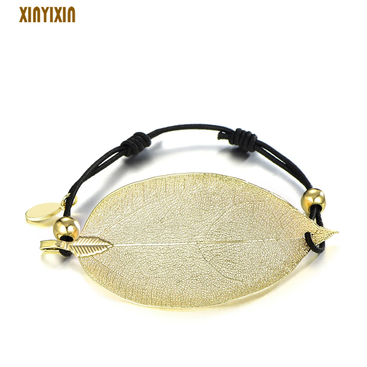 

Gold Leaf Bracelet for Women Big Silver Nature Leaf Plated Pendant Elastic Rope Chain Bracelet Personalized Fashion Jewelry 2019