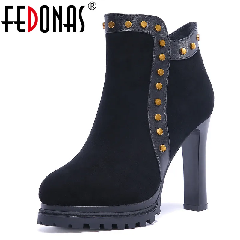

FEDONAS Punk Ankle Boots Women Rivets Cow Suede High Heels Party Night Club Shoes Woman Platforms Casual Shoes Office Pumps