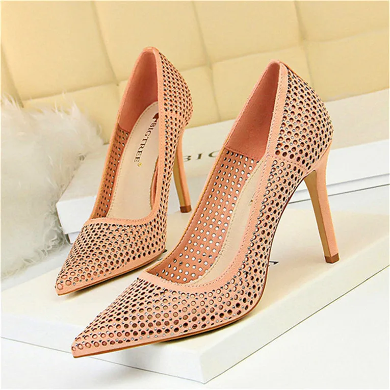 BIGTREE/Женская обувь на высоком каблуке пикантные вечерние туфли с вырезами и кристаллами 7 цветов женские туфли-лодочки на тонком каблуке модные туфли с острым носком - Цвет: Розовый