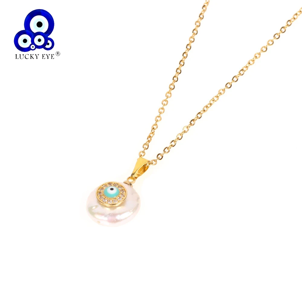 

Lucky Eye Pendant Necklace Stainless Steel Gold Color Chain Heart Evil Eye Pearl Pendant Choker Necklace Jewelry for Women LE148