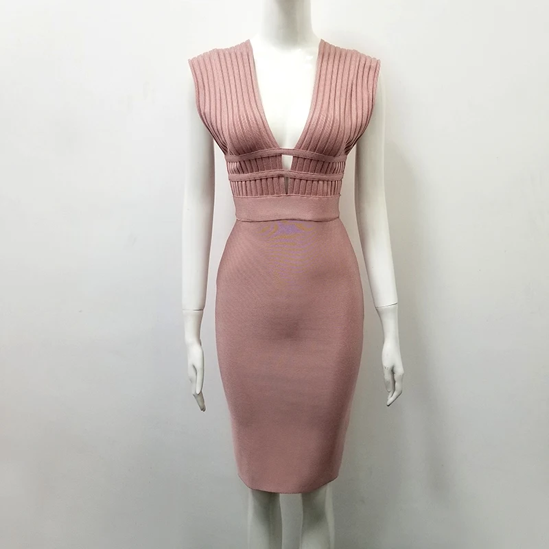 

Solid Nude Sexy V Neck Bandage Dress 2018 Knitted Elegant Designer Party Dress