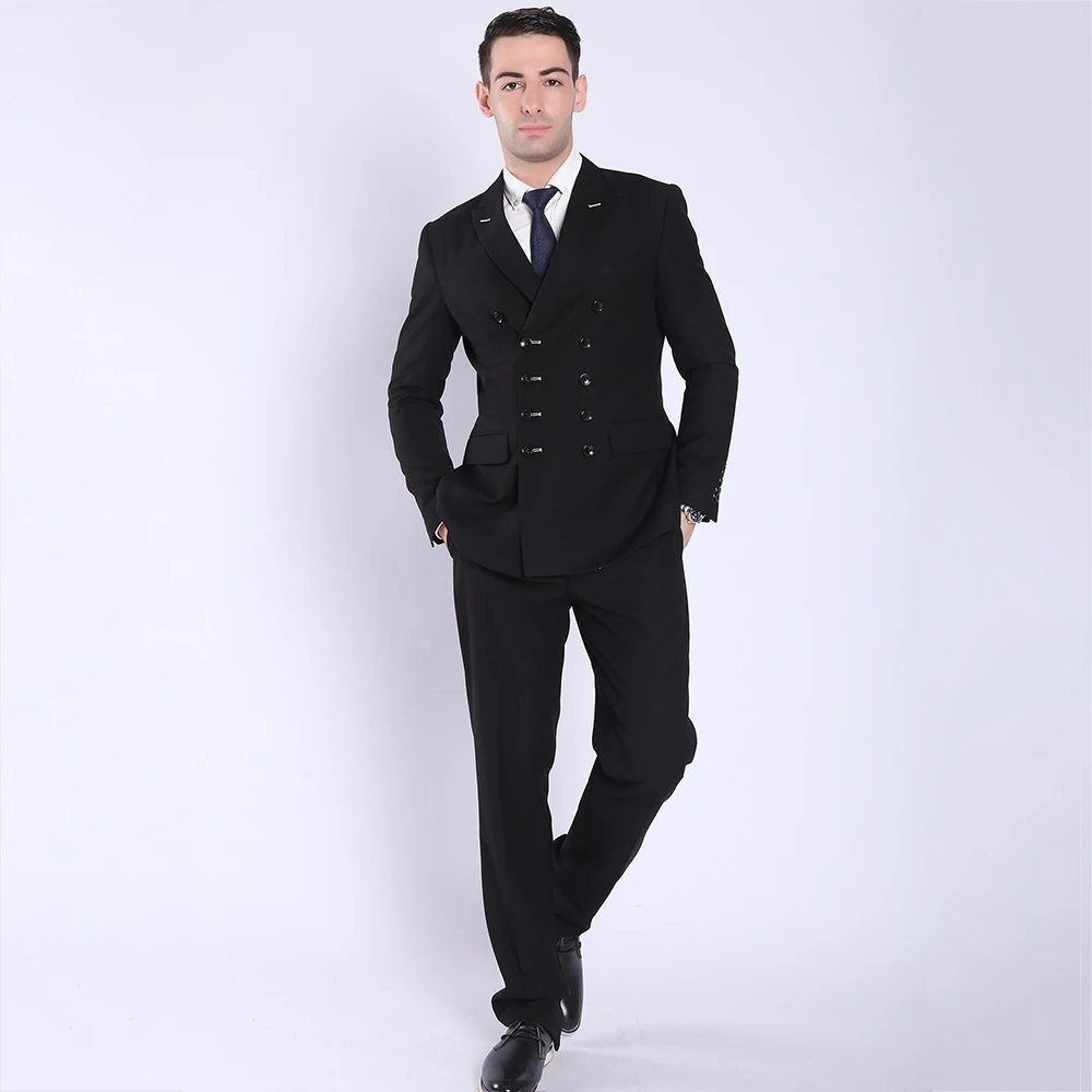 TOTURN Fashion Men Suits Black Navy Blue Double Breasted Suit Jacket Pant Male Casual Blazers Business Coat Formal Costume