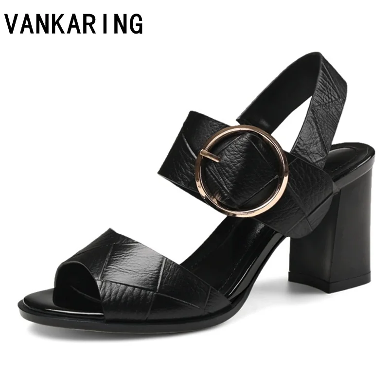 

VANKARING genuine leather women sandals gladiator ankle-wrap high heels shoes fashion summer ladies party pumps shoes black gray