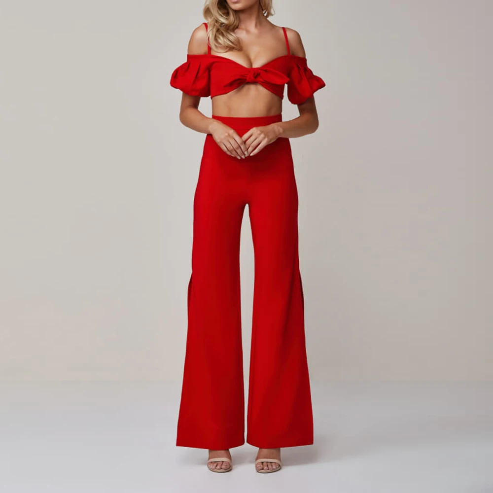 

Summer Women Outfits Red Black Sexy 2pcs Set Boot Cut Splits Pants Off The Shoulder Backless Crop Tops Puff Sleeved