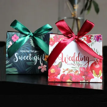 

50pcs/lot Wedding Favor Bags Bridal Shower Wedding Birthday Party Favors Candy Gift Paper Bag Green/Red Flower Ribbon Wholesale