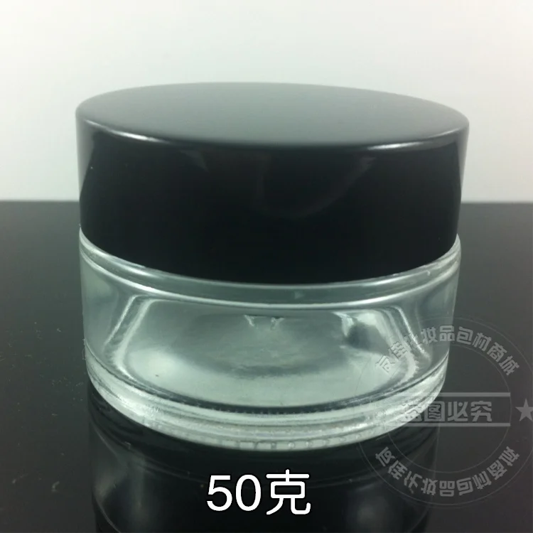 

30PCS/Lot 50g packing for facial cream, clear glass cream jar with black aluminum lid, 50 grams cosmetic jar,50g galss bottle