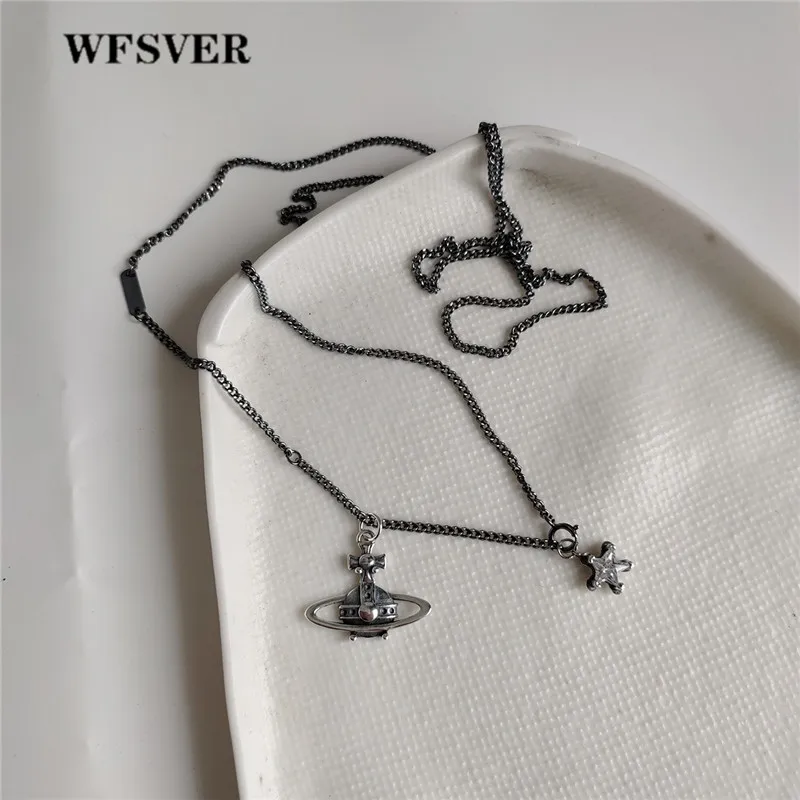 WFSVER корейские стильные Серебристые формы Сатурна со звездой кулон ожерелье для женщин стерлингового серебра 925 изящное подвесное ожерелье ювелирные изделия