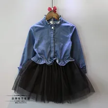 Г., новое весеннее джинсовое платье для маленьких девочек сетчатая детская одежда воротник с оборкой, повседневный костюм vestido 2-7T vetement fille