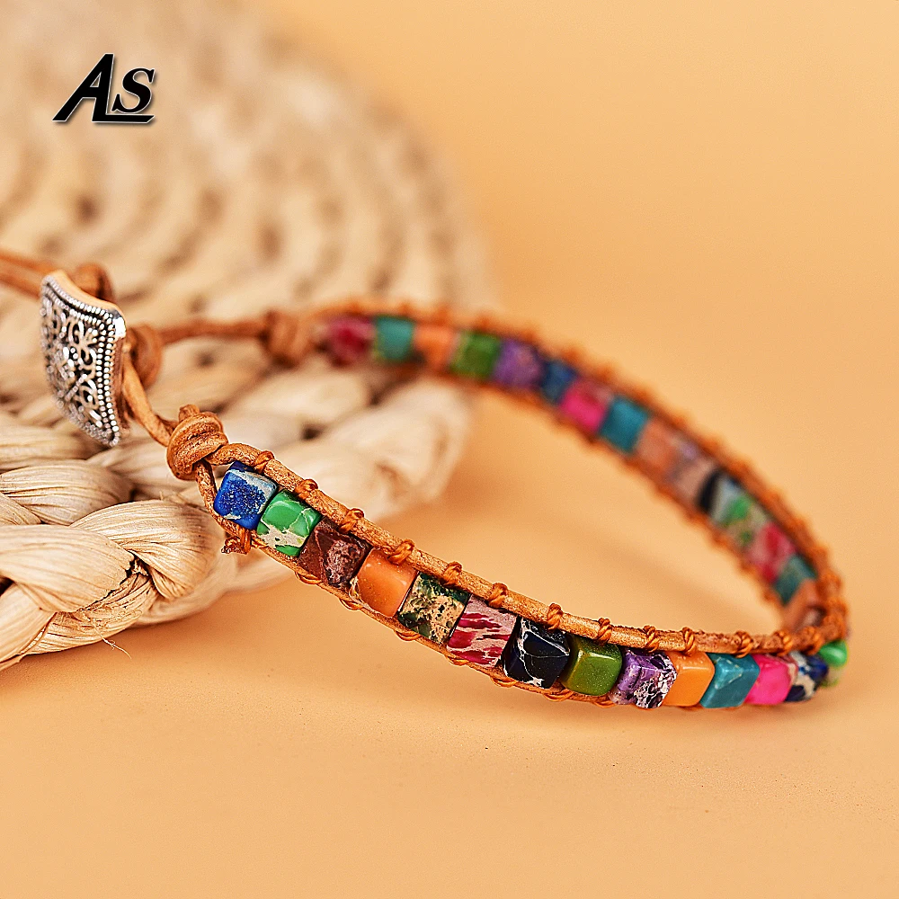 

Asingeloo Multi Color Natural Stone Square Beads Charkra Bracelet Jewelry Handmade Leather Wrap Couples Bracelet Creative Gifts
