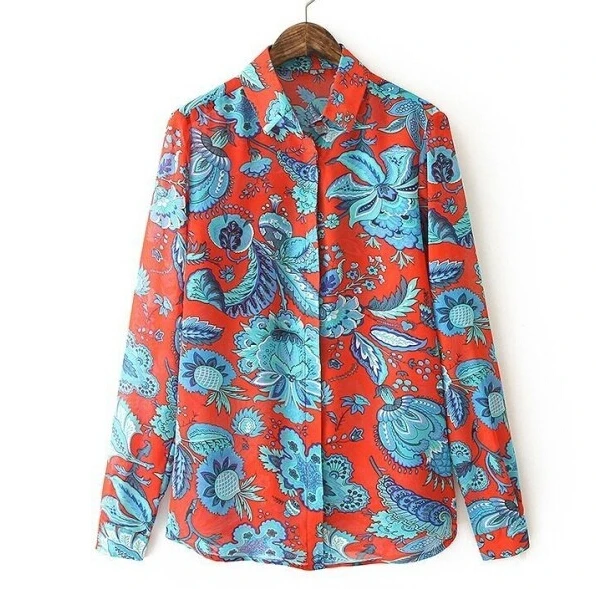 Women feather floral print blouses vintage turn down collar long sleeve ...