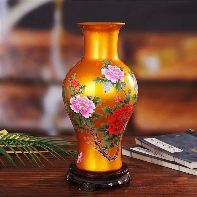 

DS 14" China Jingdezhen Golden Porcelain fine Peony flower Vase Sculpture Statue