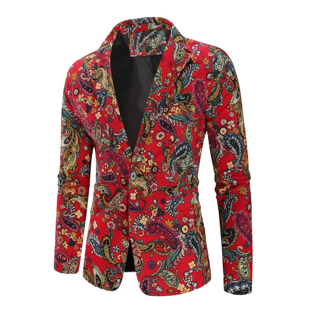 

Wedding Suits for Men Red Floral Cotton Linen Jacket Men Blazer Slim fit Fashion Mens Suits Blazers New