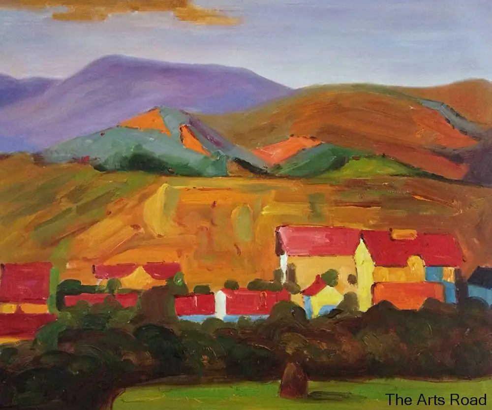 Dining Room Canvas Wall Art Village with Mountains, 1907 Egon Schiele Landscape Oil Painting Hand Painted Art Gallery