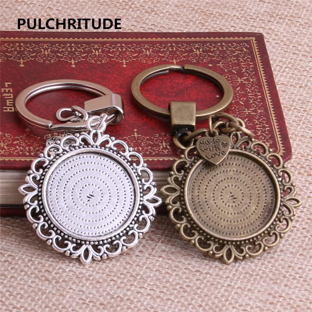 

PULCHRITUDE 3pcs Round 25mm Inner Size Metal Cameo Set Base Handmade Cabochon Pendant Heart Charm Keys Chain Y1064