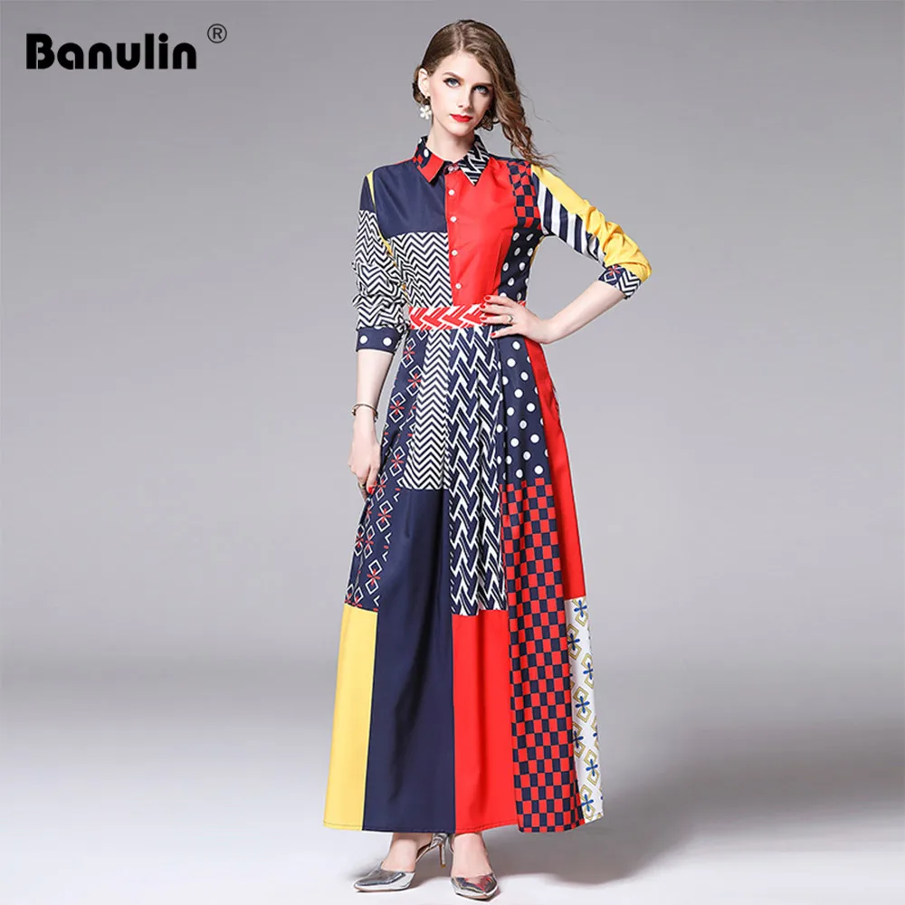 

New 2019 Designer Runway Dress Long Sleeve Maxi Dress Women's Turn Down Collar Hit Color Stripe Dot Print Vintage Long Dress