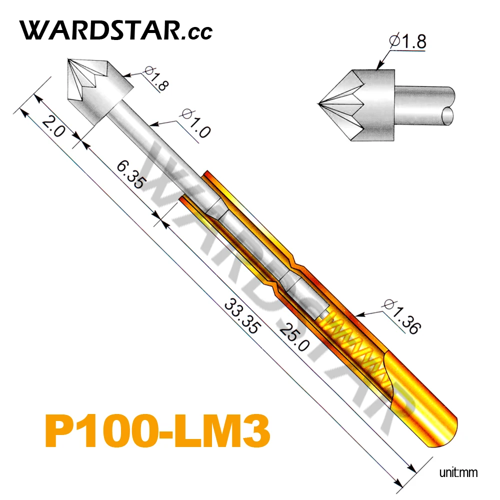 

100pcs/lot P100-LM3 Dia 1.8mm Spring Test Probes Pogo Pin Length 33.35mm (Stroke Spring Froce:180g) Wholesale