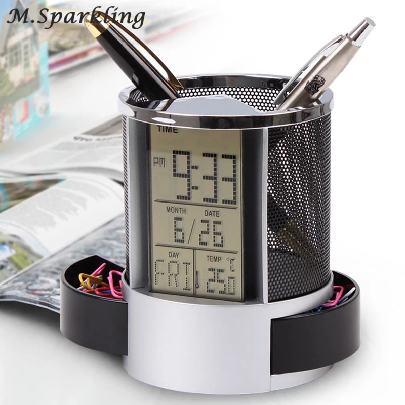 

Multifunction Desktop Alarm Clock Electrical Pen Pencil Holder Vase Storage Case Container Digital Clock Home Office Decoration