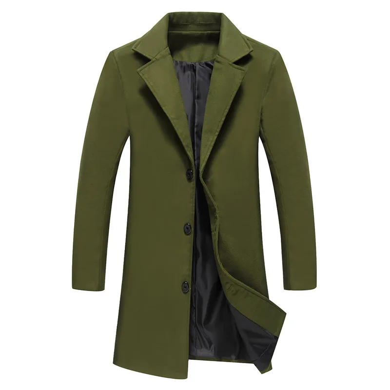Мужское пальто, повседневное, однобортное, одноцветное, приталенный, длинный Тренч/мужская, Осень-зима, куртка, шерсть и смесь, ветровка - Цвет: ArmyGreen