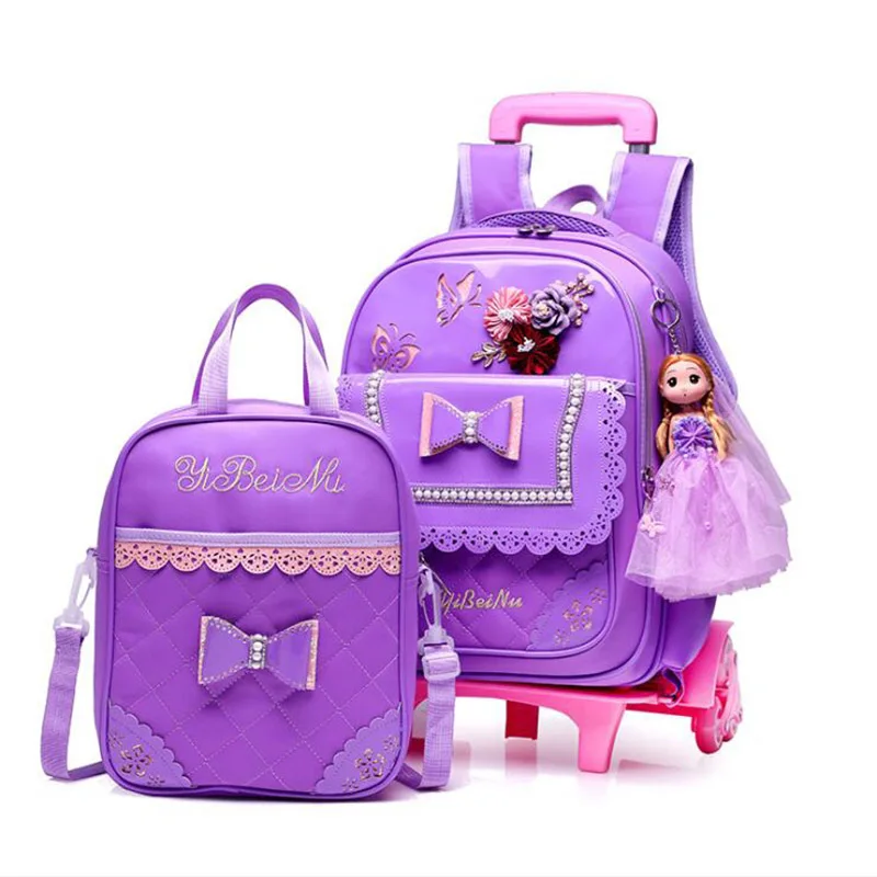 Школьные сумки на колесиках для девочек-подростков, 3 колеса, Детская сумка на колесиках, детский школьный рюкзак, водонепроницаемый нейлоновый рюкзак, большая ВМЕСТИТЕЛЬНОСТЬ - Цвет: Purple
