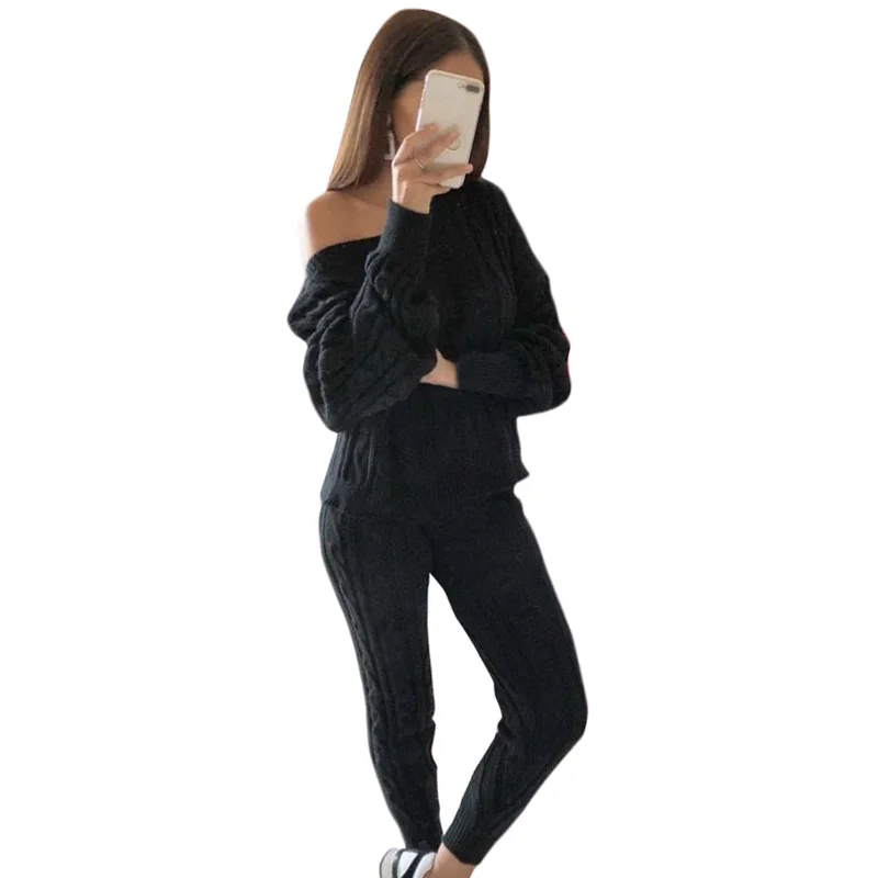 XXXL размера плюс свитер с длинным рукавом топ и брюки 2 шт костюмы женский комплект из двух частей вязаный спортивный костюм женский брючный костюм