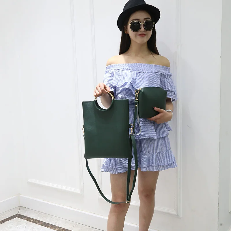 

2 Pcs/Set Women Shoulder Bag Leather Solid Color Metal Ring Zipped Adjustable Strap Handbag Ladies Girls Messenger Bags AB@W